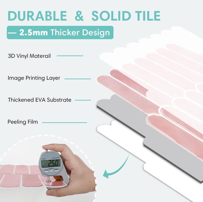 Commomy Thicker Pink Peel and Stick Tile Backsplash - 10 pcs of 12" x 12" - 3D Adhesive Peel and Stick Backsplash for Kitchen, Bathroom, Removable, Waterproof, Vinyl Wall Tile - Image 4